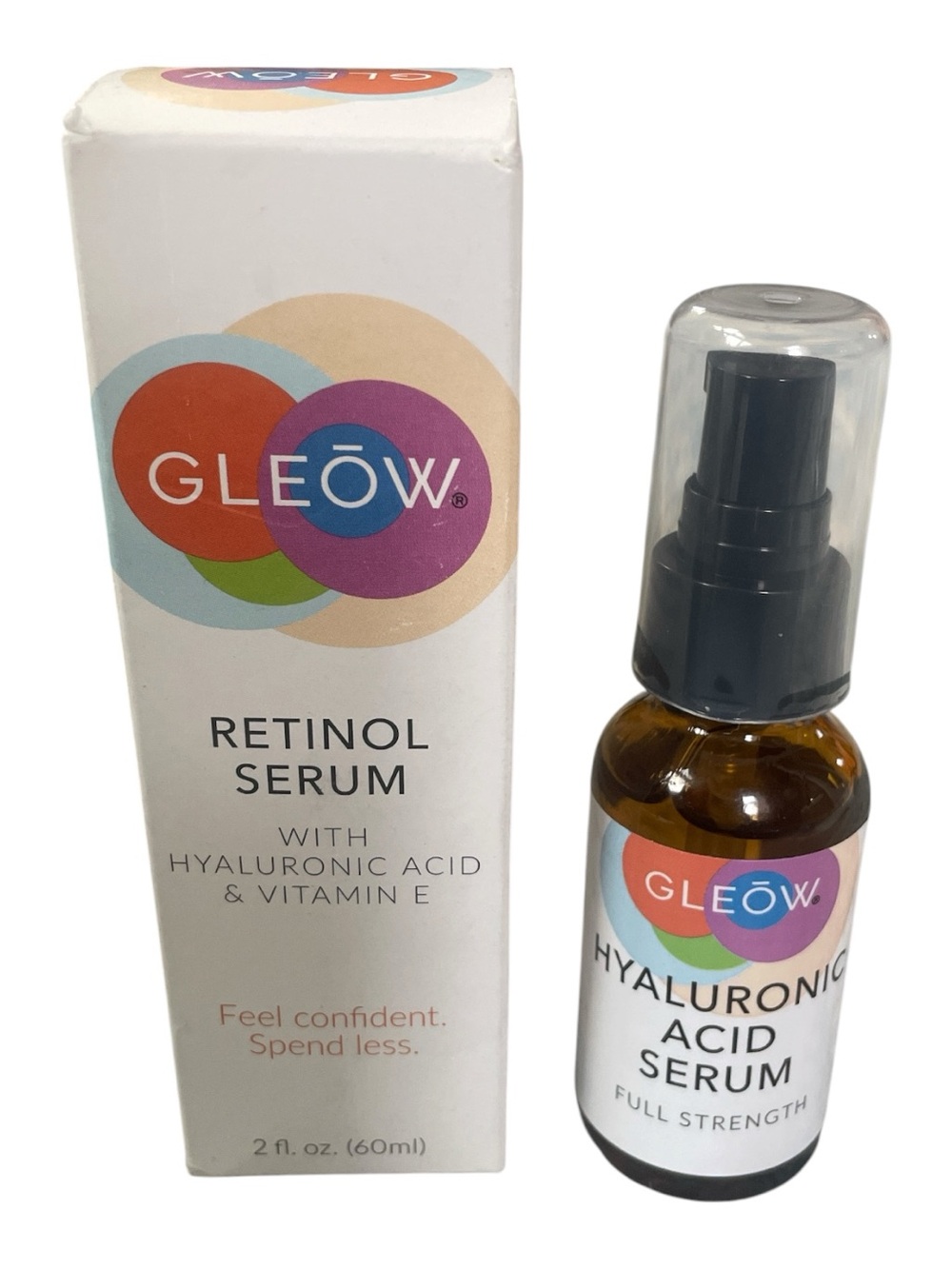 GLEOW Skincare Duo Retinol Serum 2oz & Hyaluronic Acid 1oz Set Made in USA